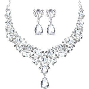 Women's Necklace Earrings Bridal Teardrop Cluster Crystal Jewelry Set Wedding